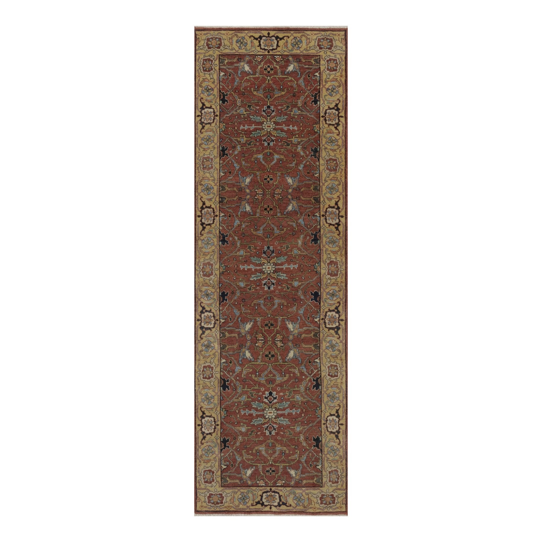 2'5"x8' Auburn Red, Antiqued Fine Heriz Re-Creation, All Over Design, Hand Knotted, Hand Spun New Zealand Wool, Soft Pile, Vegetable Dyes, Narrow Runner, Oriental Rug 